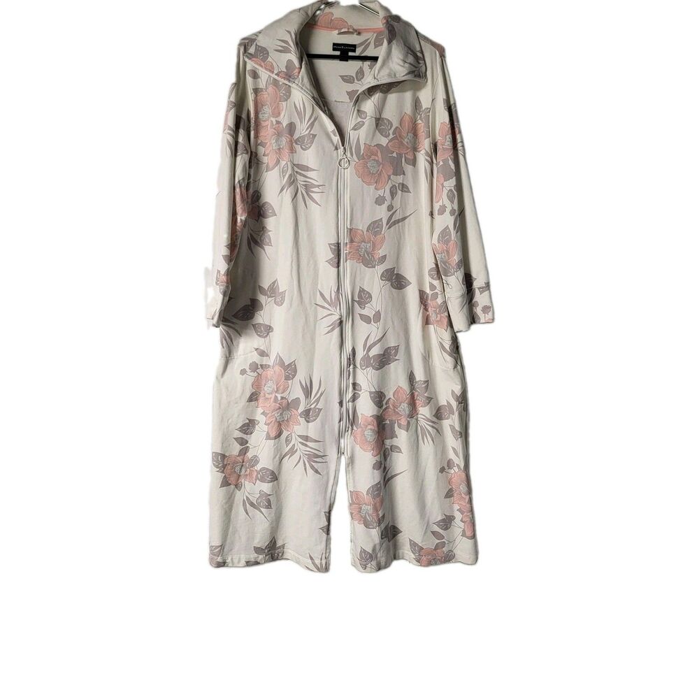 Miss Elaine Women's Floral Collared Long Sleeve Full Zip Robe Pockets XL White
